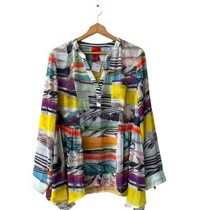 V CRISTINA Sheer Tunic Top Women’s L Multicolor Abstract V-neck Roll-tab Sleeves